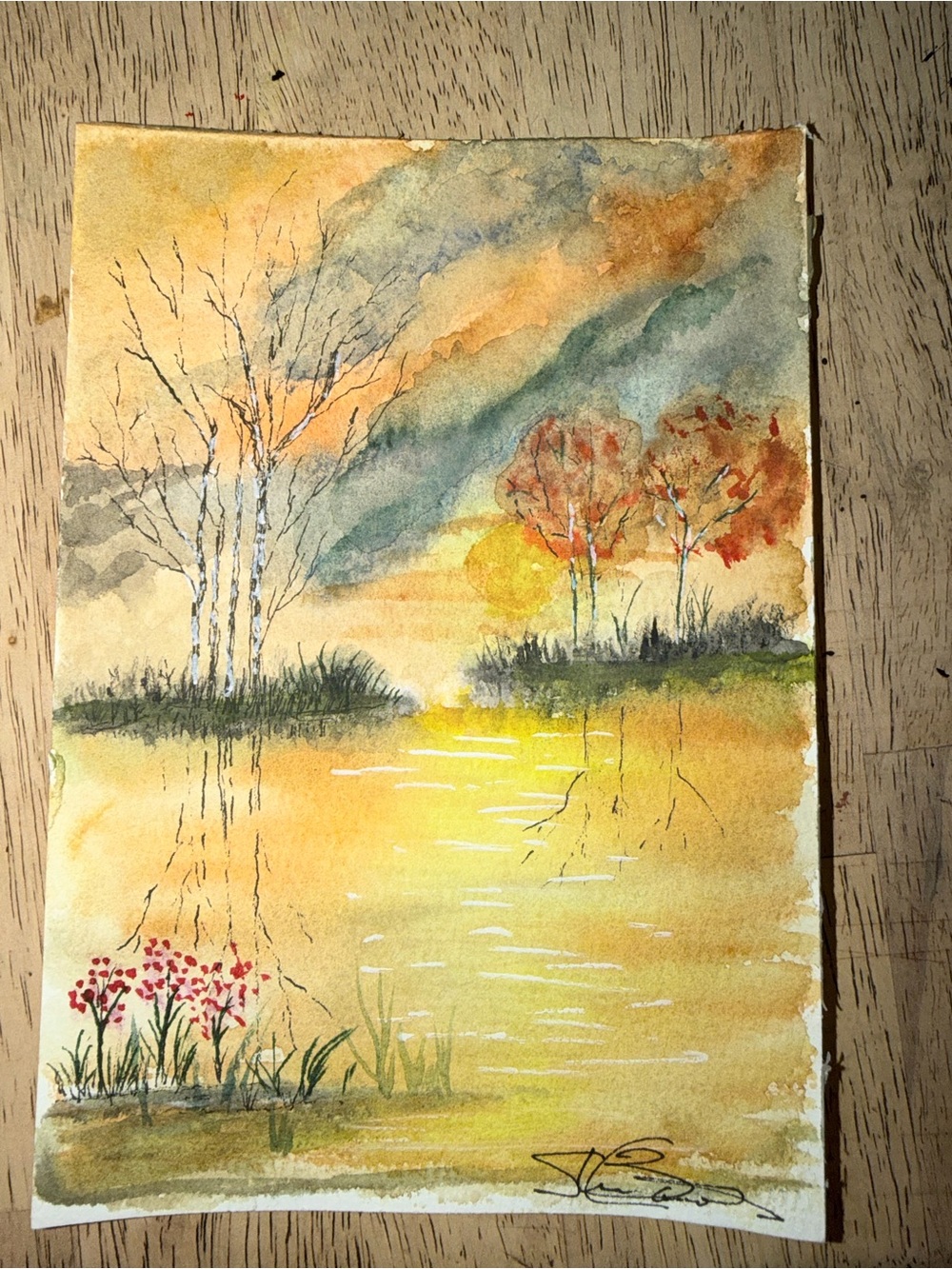 Hand-Painted Yellow and Orange Watercolor Landscape - Home Art